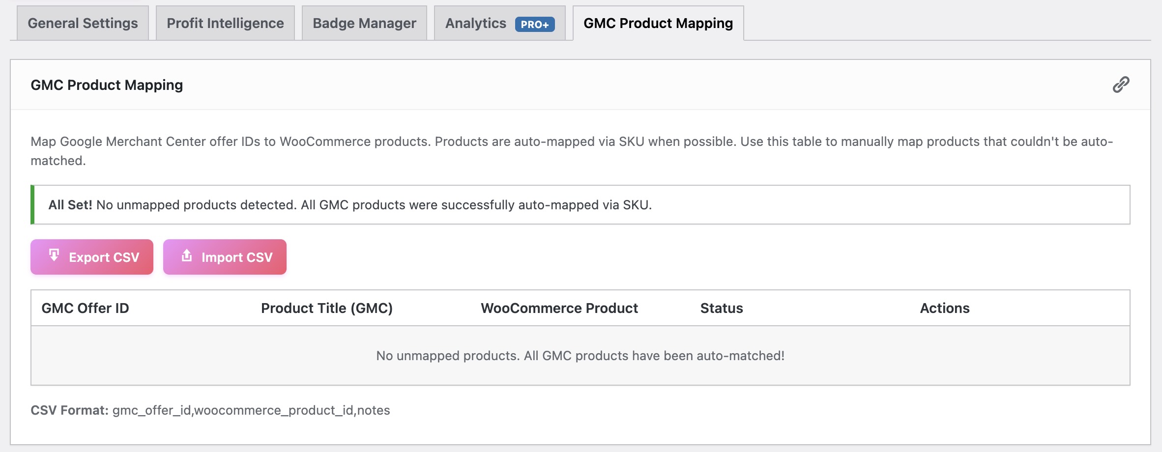 GMC Product Mapping Settings Page